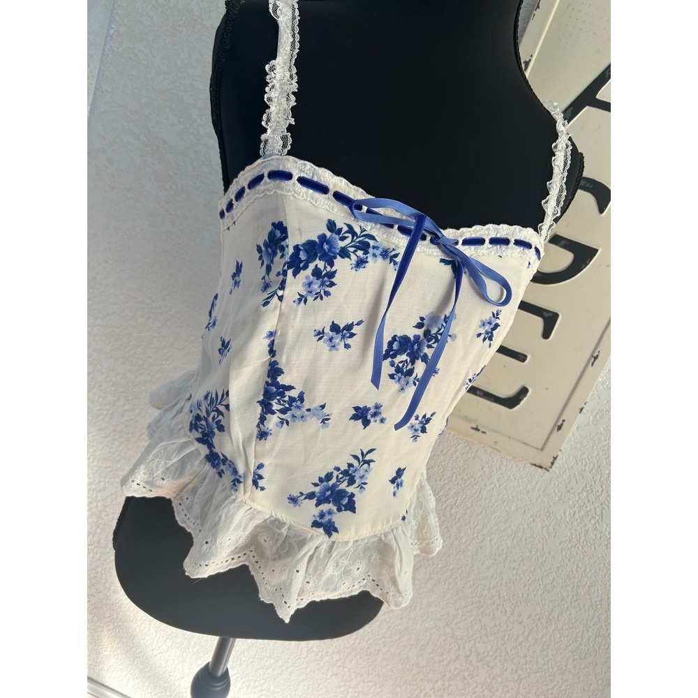 Vtg Thirty/Thirty LA Blue Floral Corset Top Lace Peplum Camisole Cottagecore Med